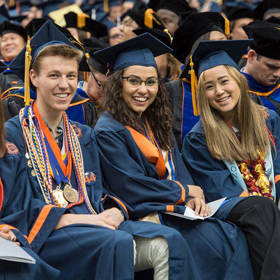 Students in regalia with honors cords
