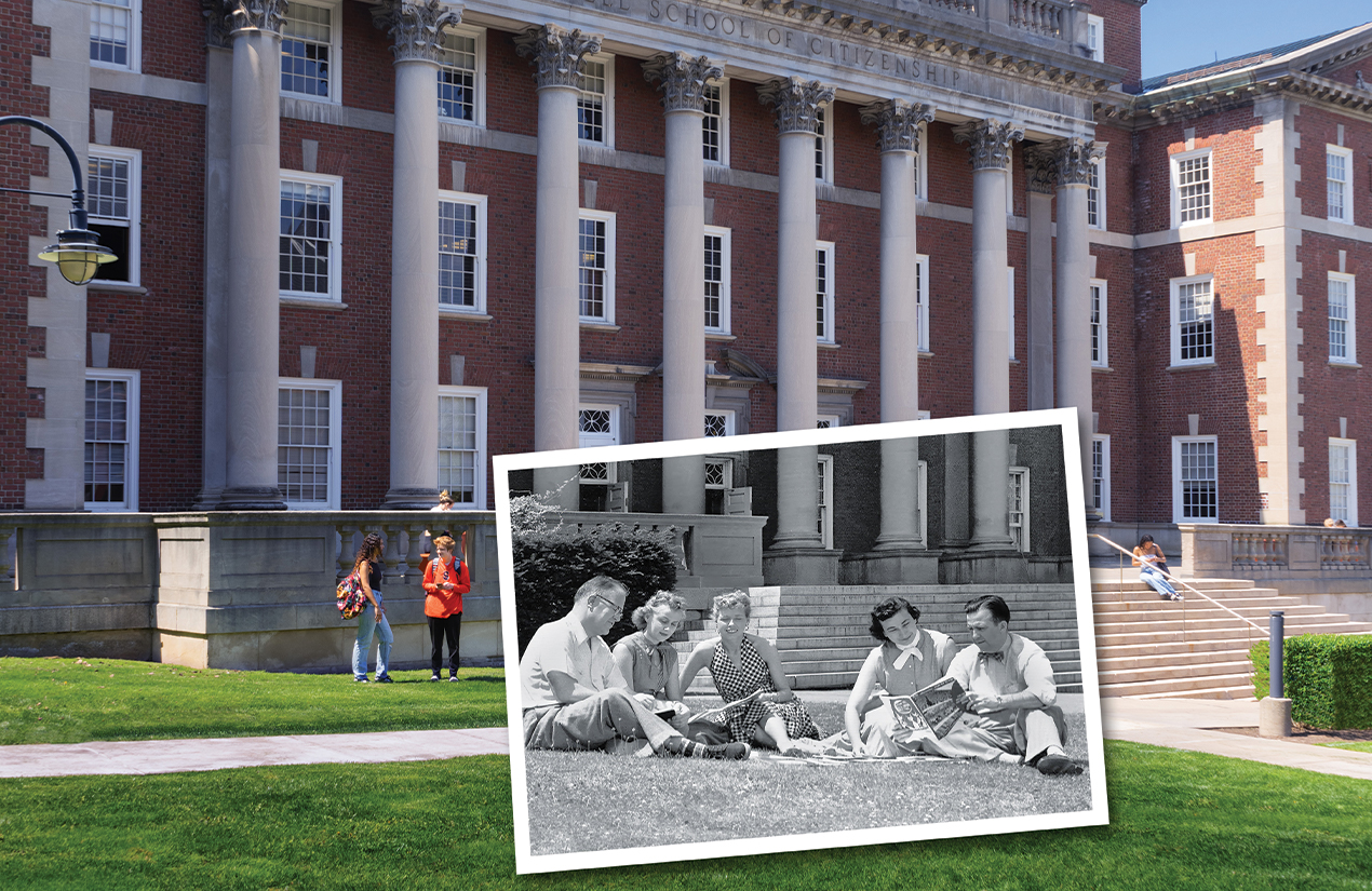 Vintage photo of students on lawn in front of maxwell overlayed on new photo of the lawn and building