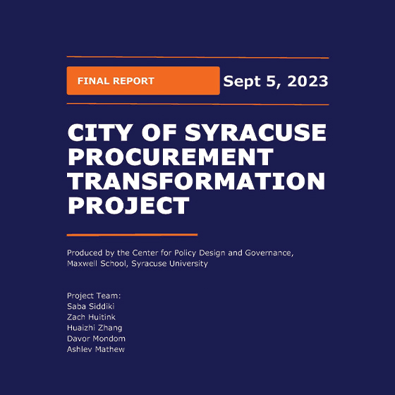 Graphic with blue background that says city of syracuse procurement transformation project