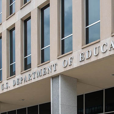 Photo of the entrance of the Lyndon B Johnson Dept of Ed Building in Washington, DC